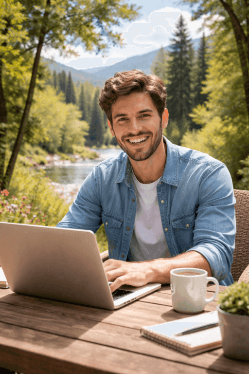 Man practicing language with laptop